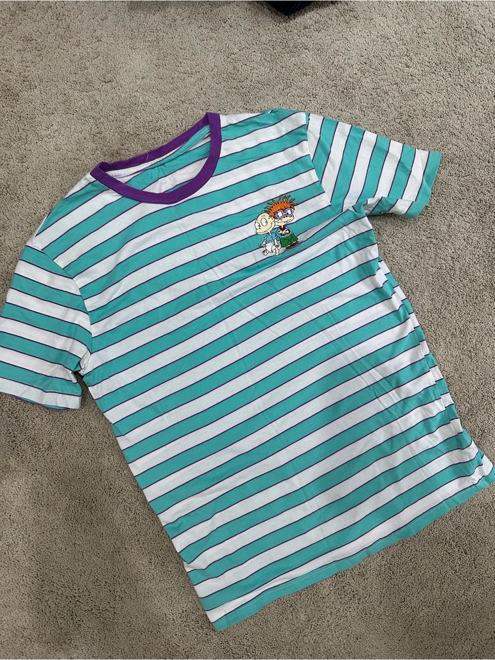 Kids Striped Teal & White Tee with Purple Trim - Cartoon Patch